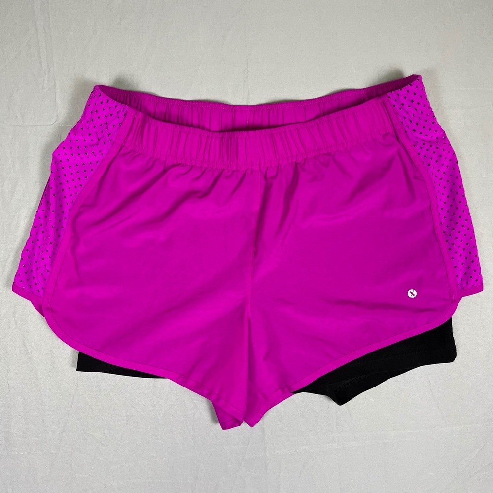 Xersion 2-in-1 Running Shorts Womens L Pink Black Good Perforated Mesh Active